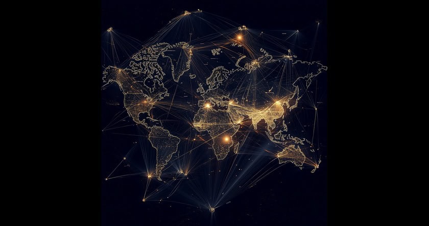A dark world map with glowing golden lines and dots connecting major cities, illustrating a global network.
