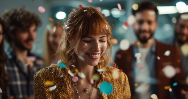 Woman smiling amid falling confetti at a party, surrounded by people in a festive indoor setting.