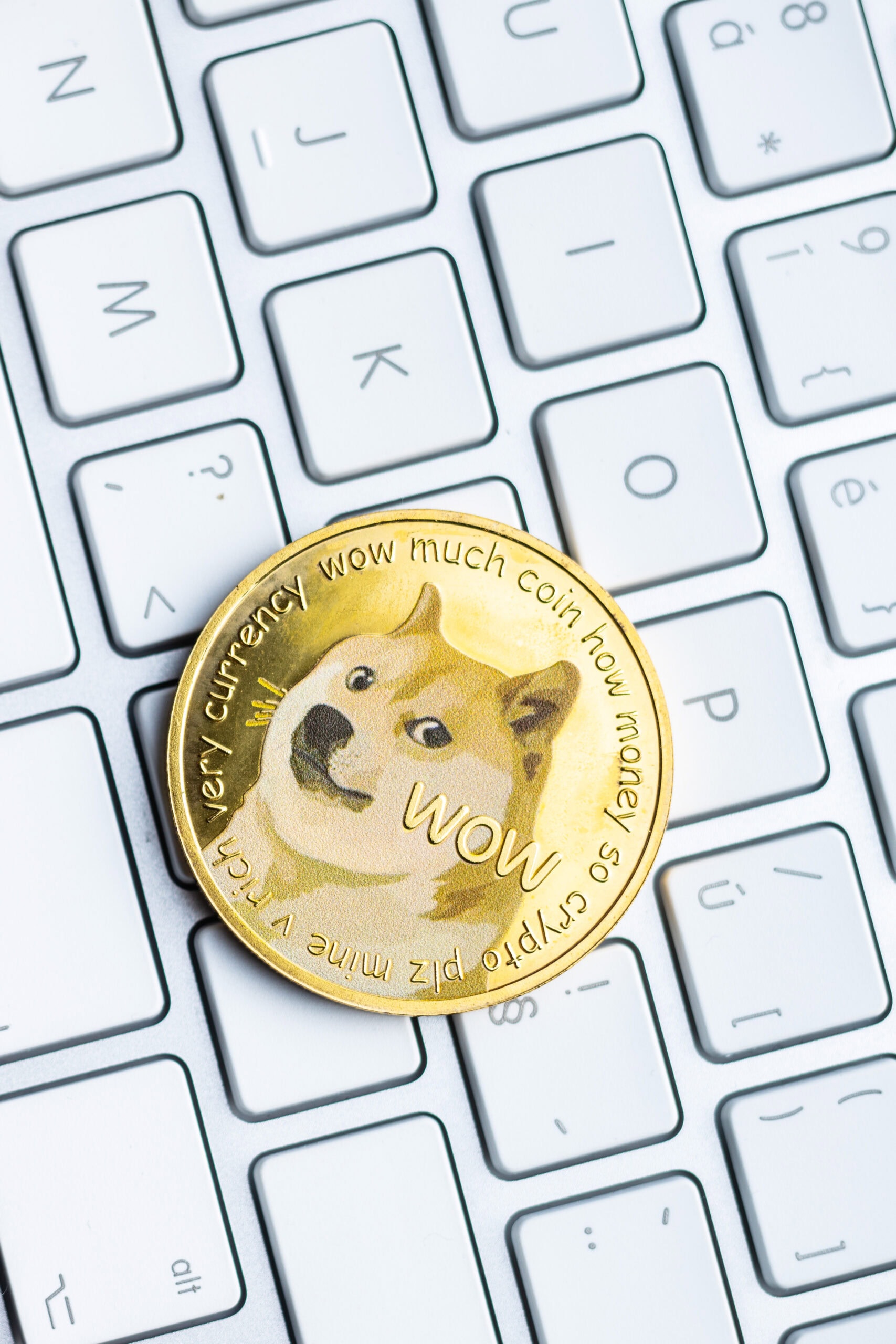 A gold Dogecoin with the Shiba Inu dog meme and humorous text sits on a white computer keyboard.