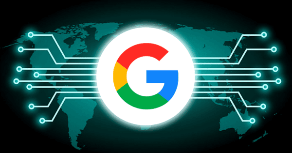 The Google logo is centered over a world map, with lines extending outward, suggesting global digital connectivity.