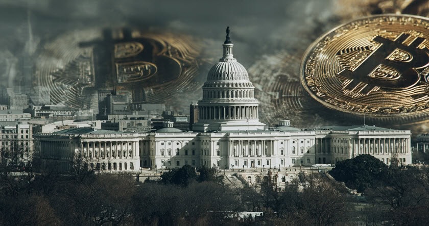 The U.S. Capitol building with large digital Bitcoin symbols overlaid in the sky, suggesting a connection between cryptocurrency and government.