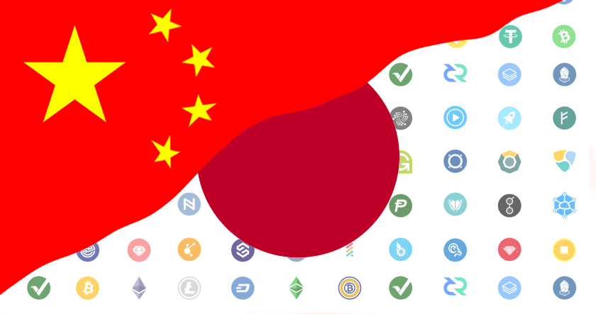 A graphic showing the Chinese and Japanese flags overlaid on a background of various cryptocurrency logos.