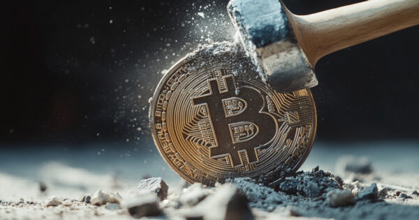 A hammer strikes a large Bitcoin coin, causing particles to scatter around the impact area.