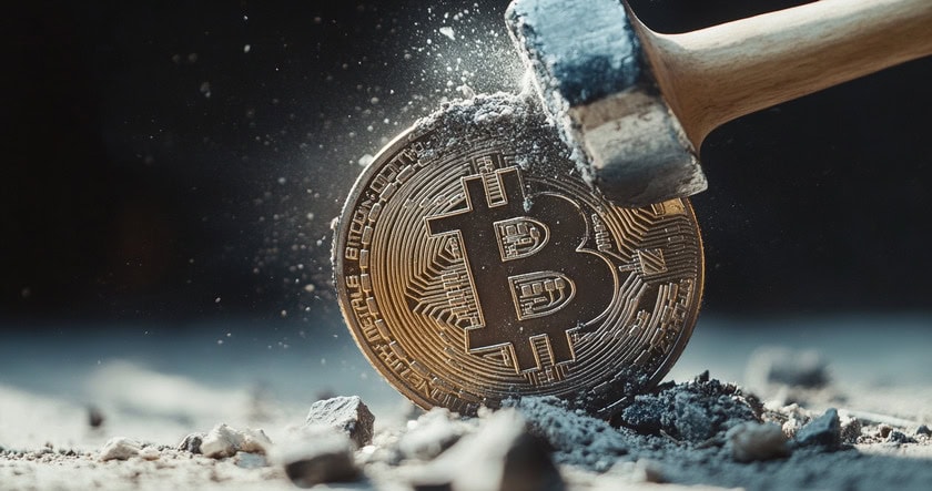 A hammer strikes a large Bitcoin coin, causing particles to scatter around the impact area.