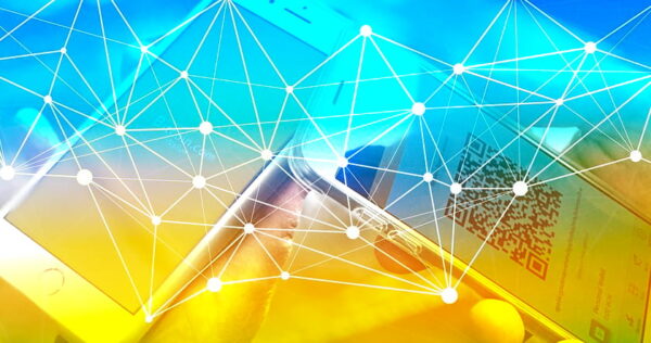 A person holds a smartphone displaying a QR code, overlaid with a digital network and connected dots representing data or technology.