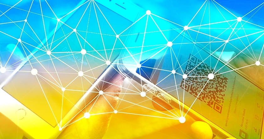 A person holds a smartphone displaying a QR code, overlaid with a digital network and connected dots representing data or technology.