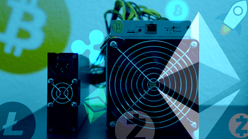 A cryptocurrency mining rig with visible cooling fan, surrounded by digital icons of Bitcoin, Ethereum, Litecoin, Ripple, Zcash, and Stellar.