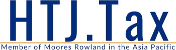 HTJ.Tax logo with the text Member of Moores Rowland in the Asia Pacific written below in smaller font. The design features blue and gold lettering on a light background.