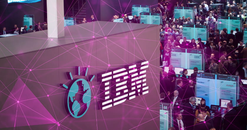 IBM booth at a technology conference with a crowd of attendees, digital screens, and a purple network overlay effect.