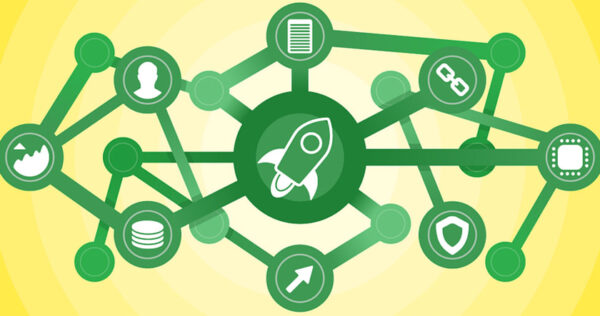 A network of green interconnected icons includes a rocket in the center, surrounded by symbols like documents, a shield, a person, and a chain, on a yellow background.