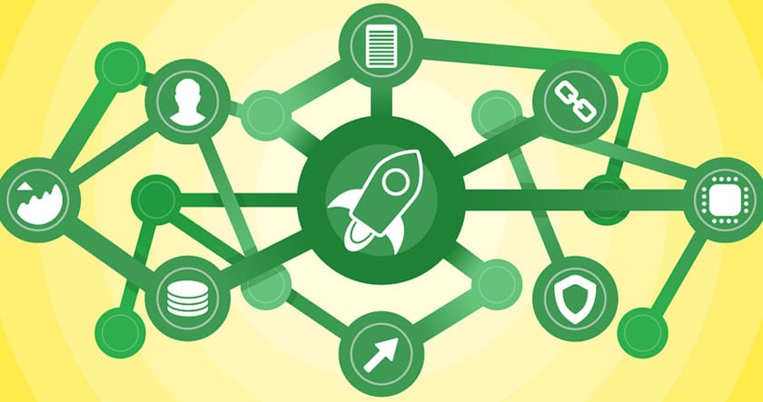 A network of green interconnected icons includes a rocket in the center, surrounded by symbols like documents, a shield, a person, and a chain, on a yellow background.