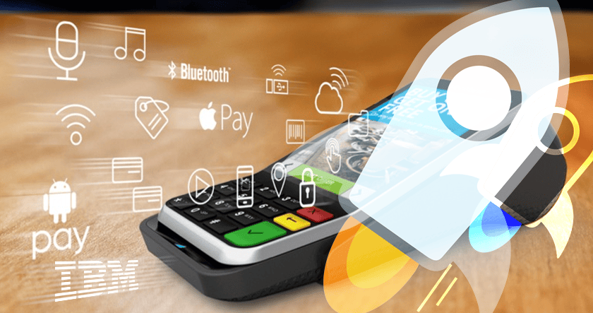 A smartphone with payment and technology icons, including Apple Pay, Android Pay, and Bluetooth, is placed on a card reader with a rocket graphic and IBM logo overlay.