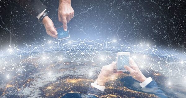 Two people use smartphones above an illustrated network of connected nodes, with a view of Earth and glowing city lights in the background.