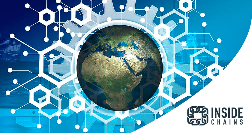 A digital illustration of Earth surrounded by interconnected hexagonal shapes, symbolizing blockchain technology, with the logo "Inside Chains" in the bottom right corner.
