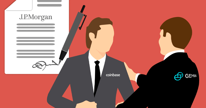 Illustration of two businessmen in suits labeled "coinbase" and "GEMINI" shaking hands in front of a large J.P. Morgan agreement and pen, suggesting a partnership or deal.