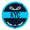 Circular badge with "KYC" in bold letters on a blue and dark background, featuring decorative elements above and below the text.