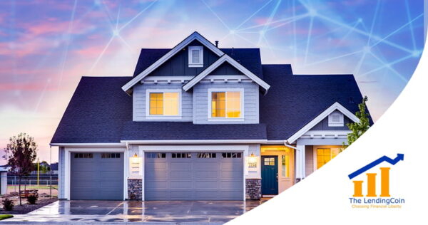 Modern two-story suburban house at sunset with logo of The LendingCoin in the bottom right corner; abstract network lines are overlaid in the sky.