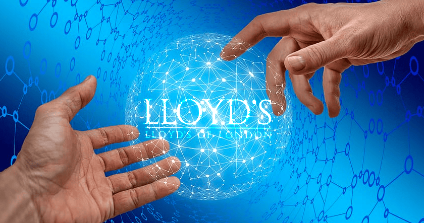 Two hands reach towards a digital globe with network connections, displaying the "Lloyd's of London" logo in the center against a blue background.