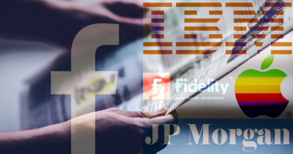 Logos of Facebook, IBM, Fidelity, Apple, and JP Morgan are overlaid on a background image of hands holding a newspaper.
