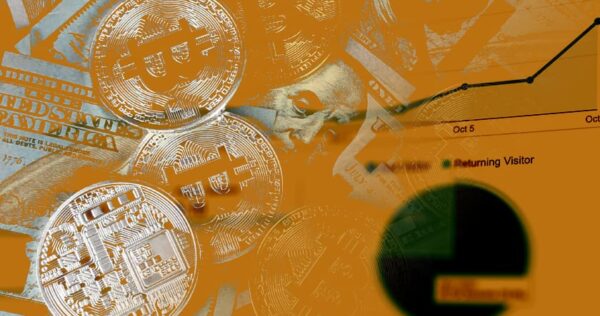 Collage of Bitcoin coins, U.S. dollar bills, a line graph, and a pie chart representing finance and cryptocurrency trends.