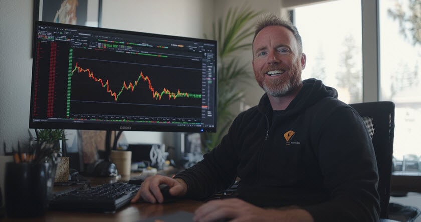 A man sits at a desk in front of a computer monitor displaying a stock market chart, smiling at the camera in a home office setting.