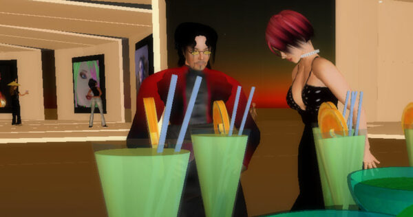 Two computer-generated characters stand near a table with green drinks, garnished with orange slices and straws, in a virtual art gallery setting.