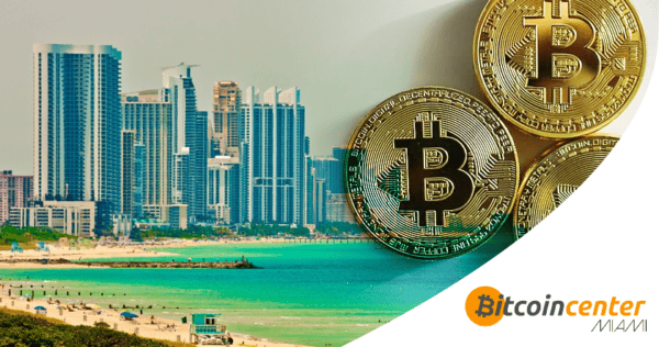 Miami skyline and beach on the left, three Bitcoin coins on the right, with “Bitcoin Center Miami” logo at the bottom.
