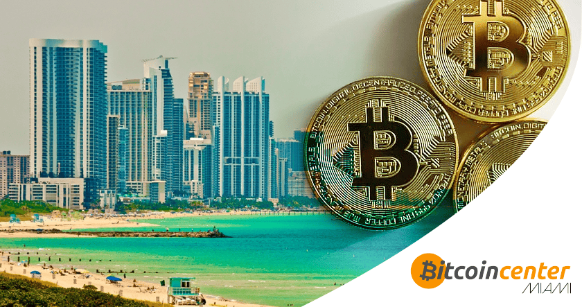 Miami skyline and beach on the left, three Bitcoin coins on the right, with “Bitcoin Center Miami” logo at the bottom.