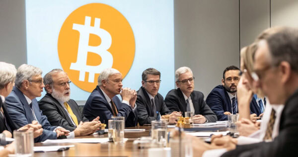 A group of businessmen in suits sit at a conference table with a large Bitcoin logo displayed on a screen behind them.