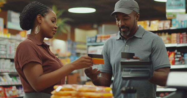 A woman and a man stand at a store checkout counter. The woman holds a credit card, and the man appears to be preparing to pay. Shelves of products are visible in the background.