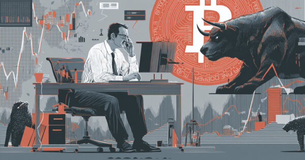 An illustration of a man at a desk analyzing cryptocurrency data on a computer, with a large Bitcoin symbol and a charging bull in the background.