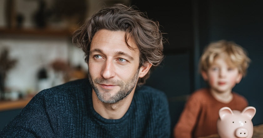 A man with wavy hair and a beard sits indoors, looking to the side, while a child holding a piggy bank sits in the background.