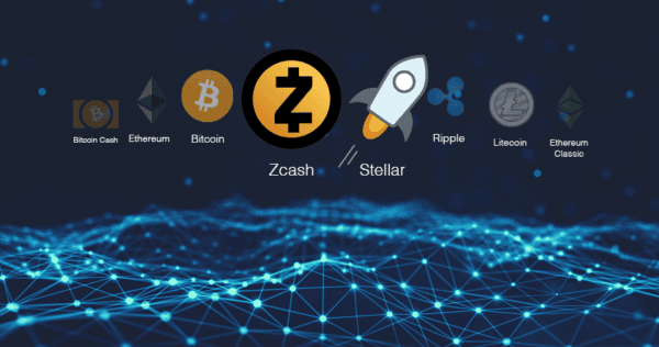 Logos of cryptocurrencies Bitcoin Cash, Ethereum, Bitcoin, Zcash, Stellar, Ripple, Litecoin, and Ethereum Classic are shown above a digital blue network background.