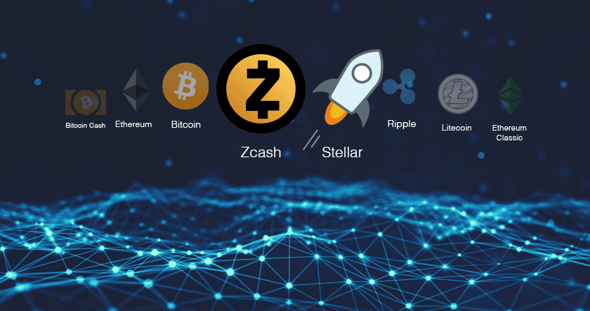 Logos of cryptocurrencies Bitcoin Cash, Ethereum, Bitcoin, Zcash, Stellar, Ripple, Litecoin, and Ethereum Classic are shown above a digital blue network background.
