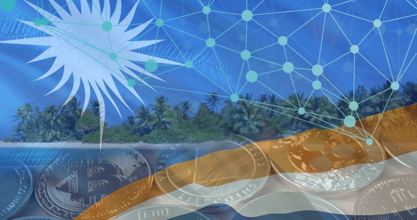 Marshall Islands flag overlaying a tropical beach, with blockchain network graphics and cryptocurrency coins, including Bitcoin and Ethereum, in the foreground.