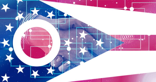 The Ohio state flag overlaid with a digital circuit pattern and a handshake in the background.