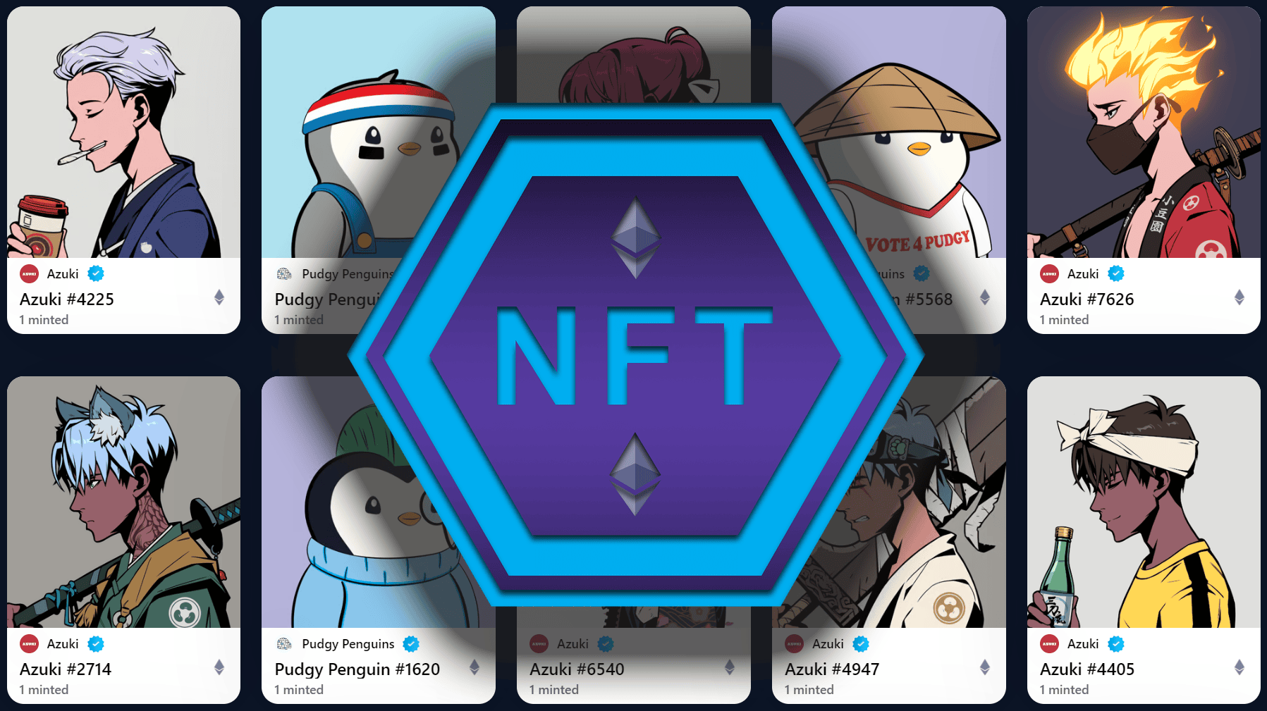 A collage of cartoon-style NFT profile images, including human and penguin characters, is arranged in a grid. At the center, a large blue hexagon displays the word NFT with Ethereum logos.