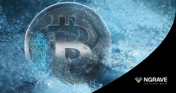 Metallic Bitcoin symbol surrounded by icy, blue digital effects, with the NGRAVE logo and slogan 