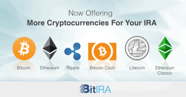 A promotional graphic announcing more cryptocurrencies for IRAs, displaying logos for Bitcoin, Ethereum, Ripple, Bitcoin Cash, Litecoin, and Ethereum Classic.