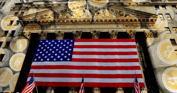 The New York Stock Exchange building with a large American flag, overlaid with translucent Bitcoin symbols.