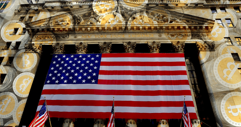 The New York Stock Exchange building with a large American flag, overlaid with translucent Bitcoin symbols.