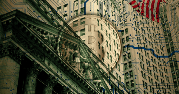 Digital circuit patterns overlay historic financial buildings and an American flag, symbolizing the intersection of technology and finance.