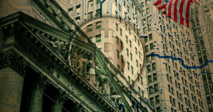 Digital circuit patterns overlay historic financial buildings and an American flag, symbolizing the intersection of technology and finance.