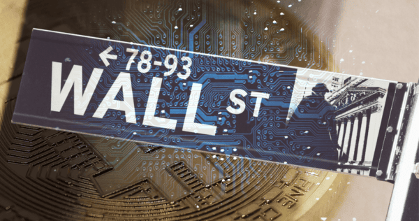 Wall Street street sign overlaid with a digital circuit pattern and faded images of a cryptocurrency coin and classical building columns in the background.