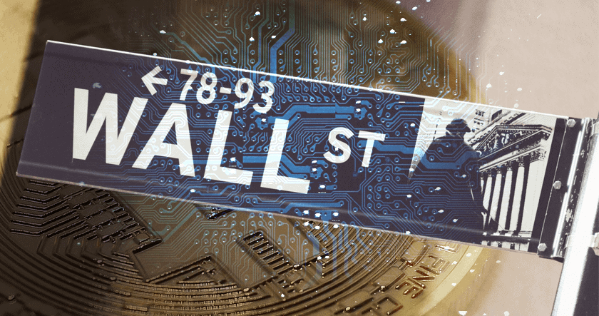 Wall Street street sign overlaid with a digital circuit pattern and faded images of a cryptocurrency coin and classical building columns in the background.