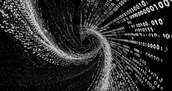 A swirling vortex of white binary code (ones and zeros) on a black background, creating a digital, abstract tunnel effect.