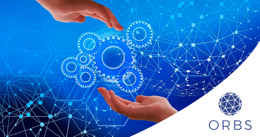 Two hands interact with glowing, interconnected gears against a digital blue network background; the ORBS logo and name appear in the lower right corner.