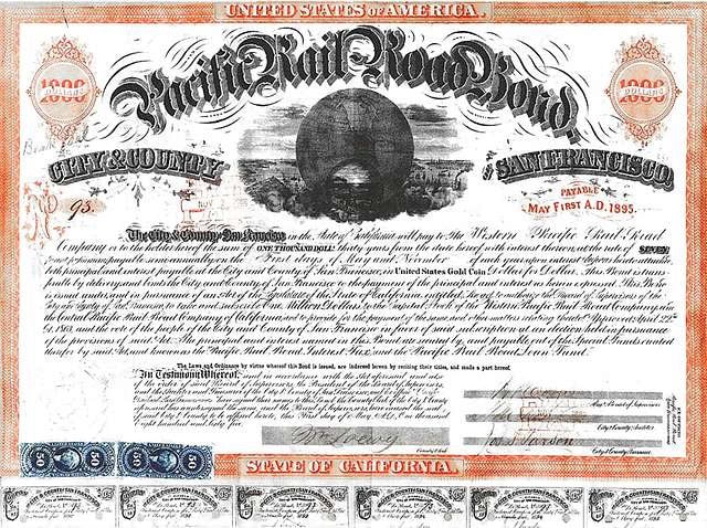 An 1865 bond certificate with payment coupons attached.