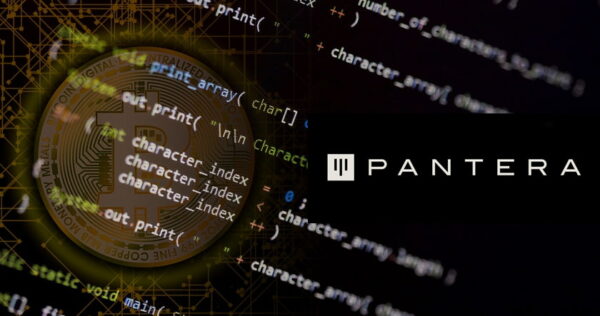 A digital image with Bitcoin code overlay and the Pantera logo, symbolizing blockchain technology and the Pantera investment firm.