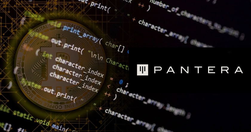 A digital image with Bitcoin code overlay and the Pantera logo, symbolizing blockchain technology and the Pantera investment firm.
